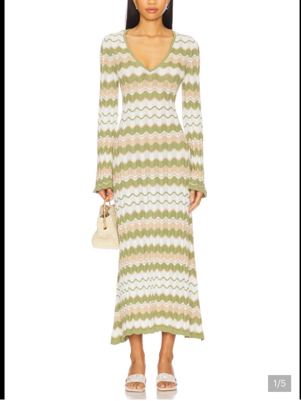 MINKPINK Melody Knit Midi Dress Green & Cream Like New